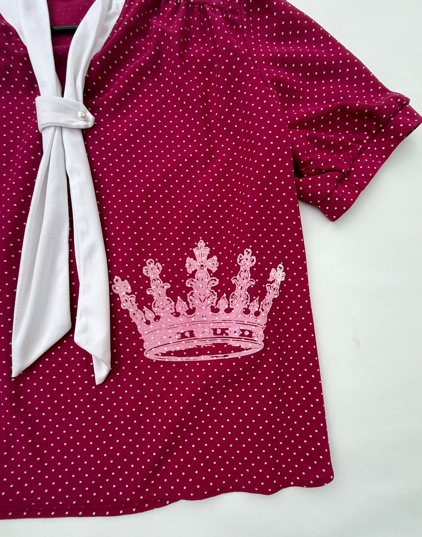Crown Collection Vintage Dark Pink Polka Dot Dress Shirt with White Tie – Size Large
