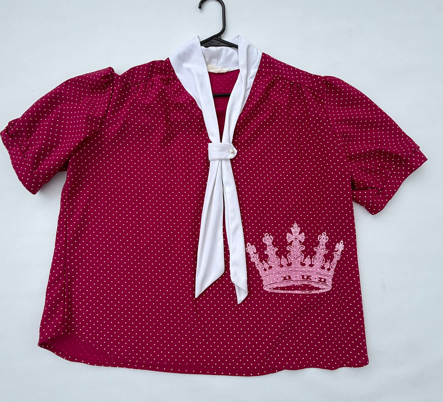 Crown Collection Vintage Dark Pink Polka Dot Dress Shirt with White Tie – Size Large