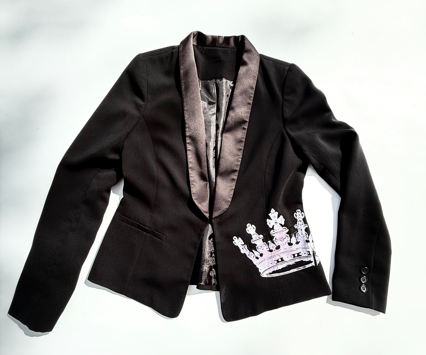 Women’s Black Satin-Collar Blazer – Crown Collection (Size Small, Reworked)