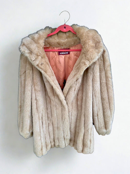 Vintage 1980s Jordache Faux Fur Coat – Champagne Beige | Voza Crown Collection (M/L)