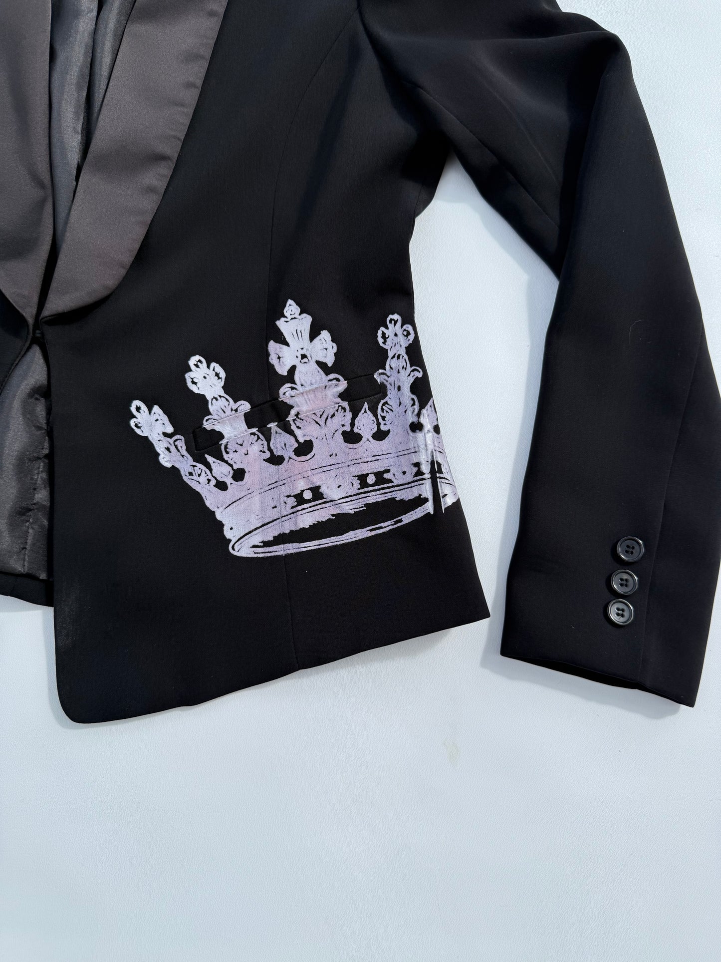 Women’s Black Satin-Collar Blazer – Crown Collection (Size Small, Reworked)