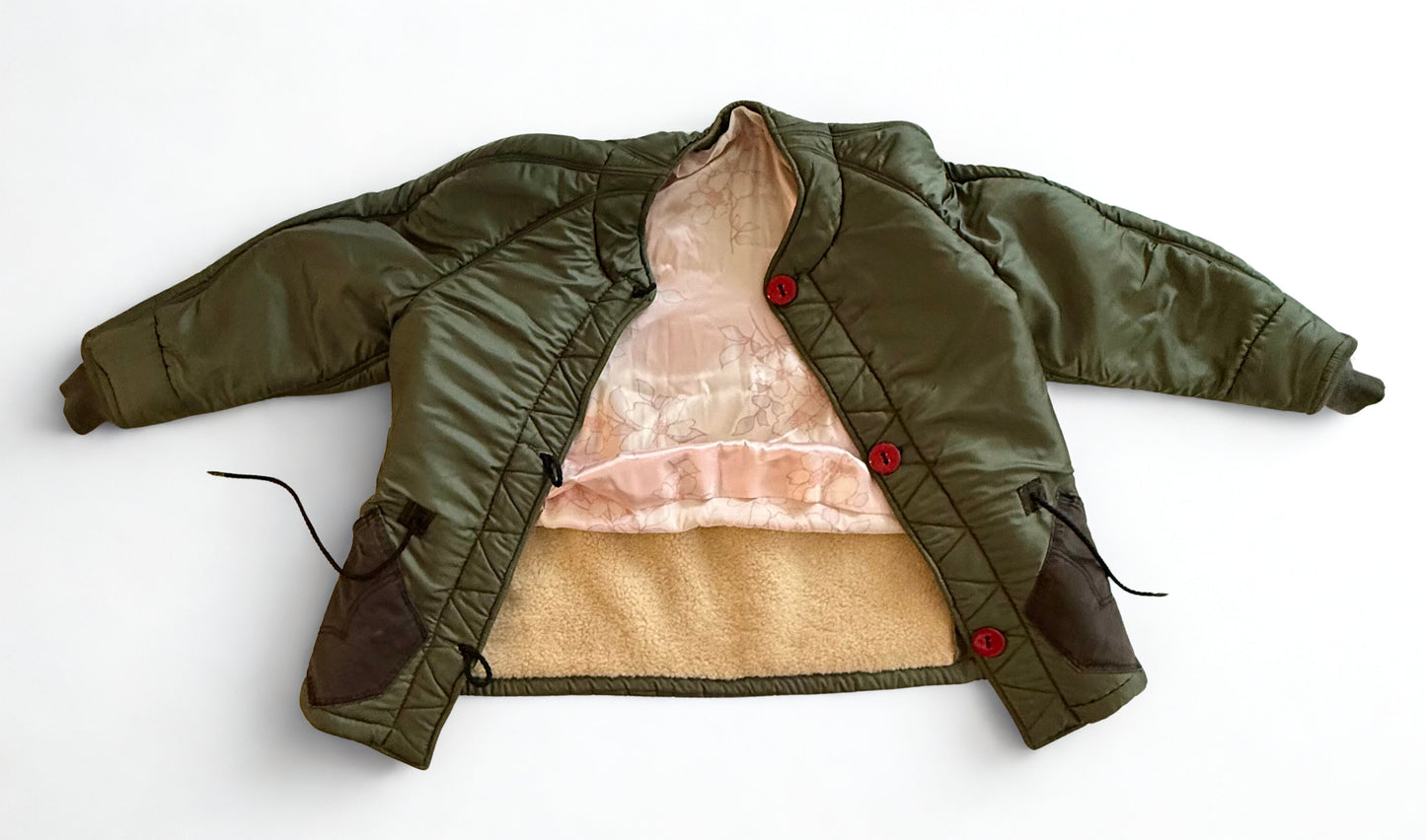 Voza Reworked Army Green Winter Jacket – Vintage Military Liner with Red Buttons & Satin Interior