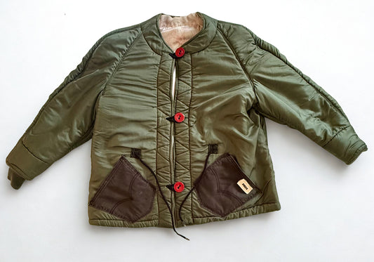 Voza Reworked Army Green Winter Jacket – Vintage Military Liner with Red Buttons & Satin Interior